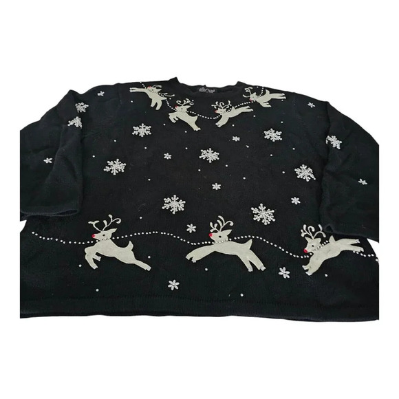 VTG Reference Point Petite Sz 2X Christmas Sweater Black Pullover with Reindeer - Picture 1 of 8